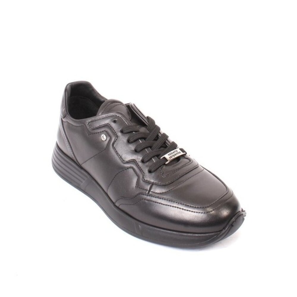 Roberto Serpentini 8300 Black Leather Lace-Up Sneakers Shoes